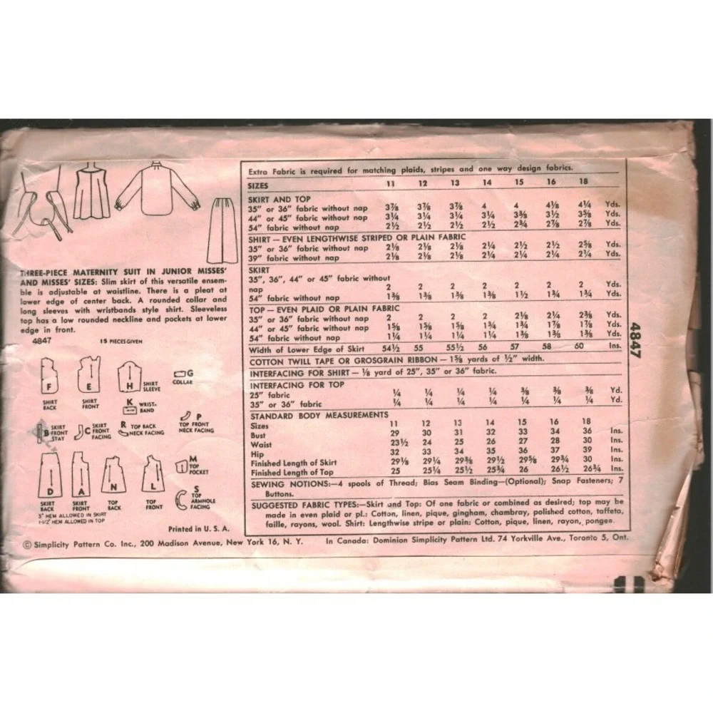 Vintage Simplicity 4847 Maternity Suit Sewing Pattern Skirt Top Shirt Size 12